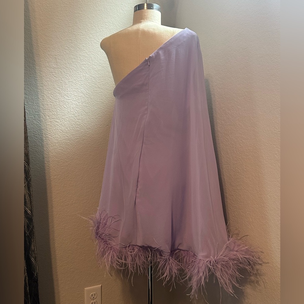 Mac Duggal Lilac One-Shoulder Dress with Feather Hem - Picture 2 of 4